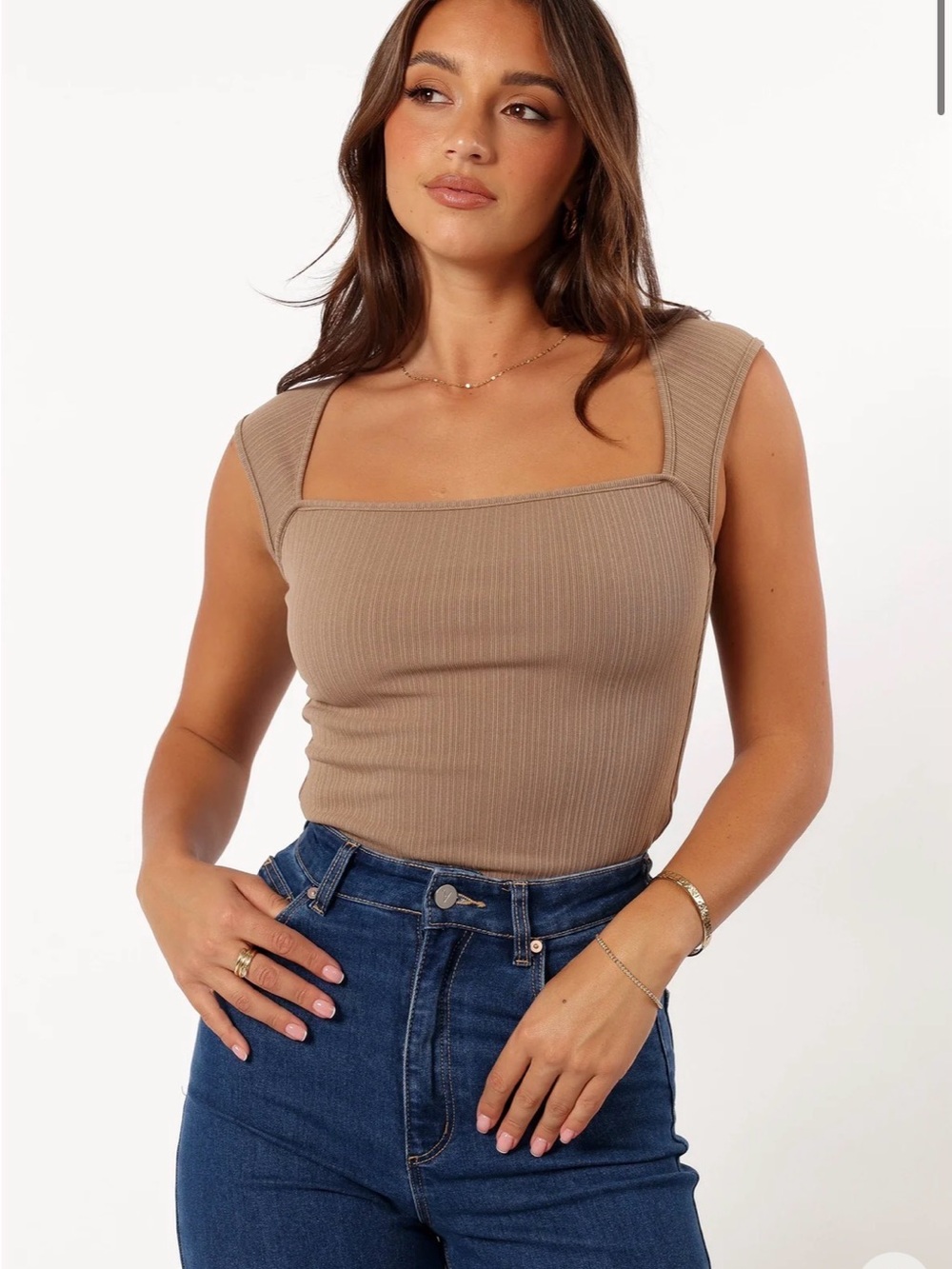 Petal & Pup Ribbed Square Neck Tank Top Taupe Beige Size 6